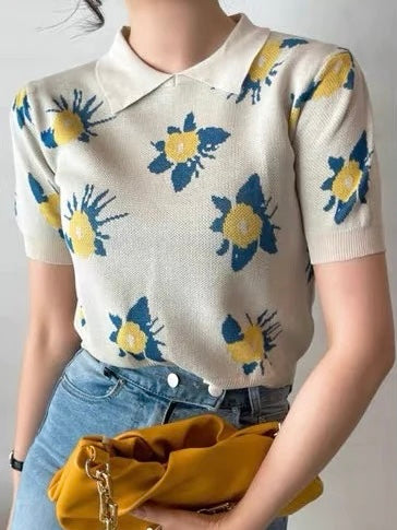 Polo Neck Floral Knitted Top