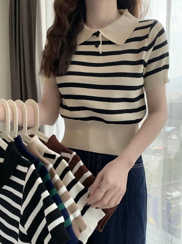 Collar Neck Button Down Stripe Knitted Top