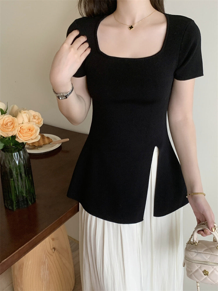 Square Neck Side Slit Solid Knitted Top