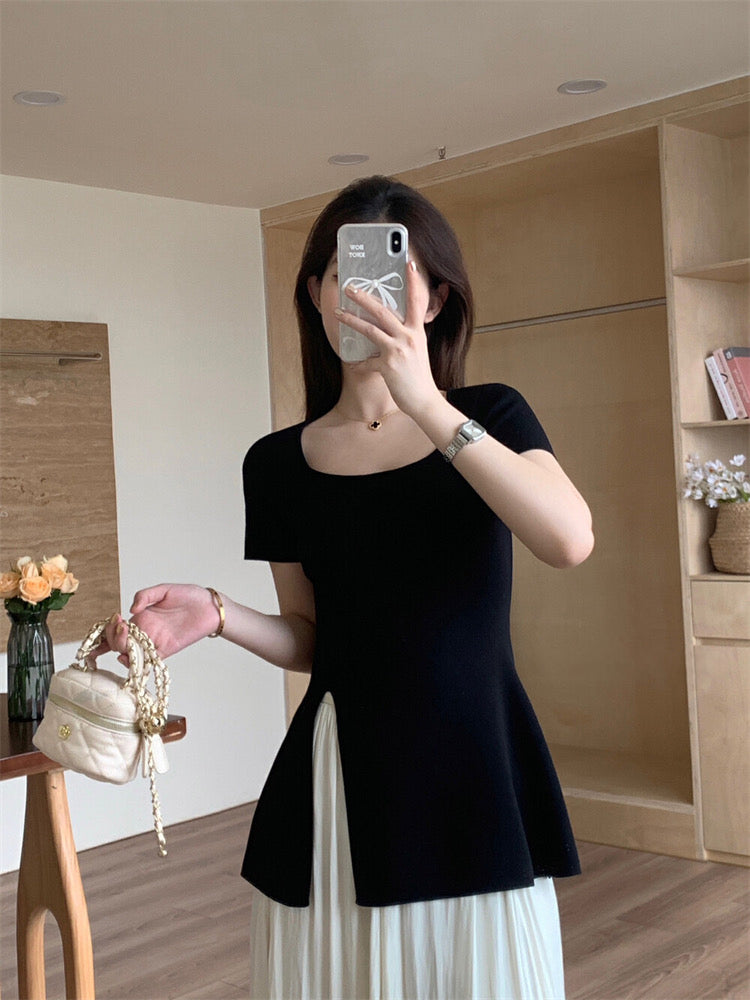 Square Neck Side Slit Solid Knitted Top