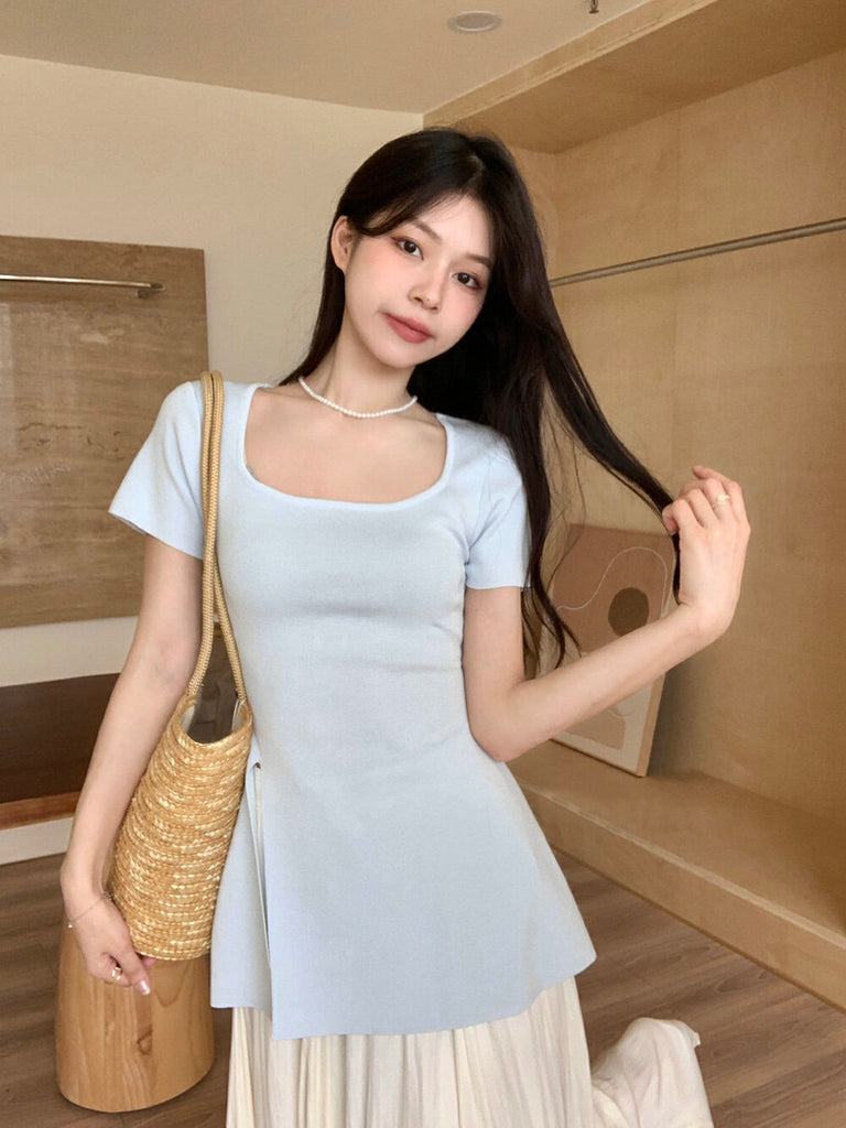 Square Neck Side Slit Solid Knitted Top