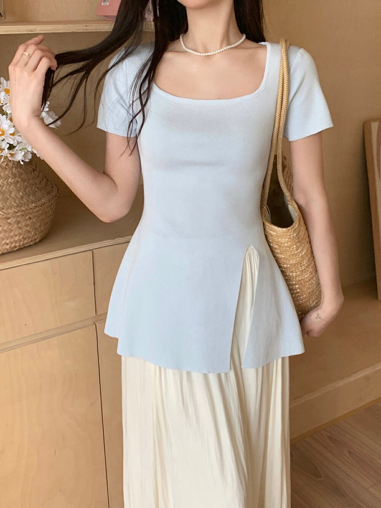 Square Neck Side Slit Solid Knitted Top