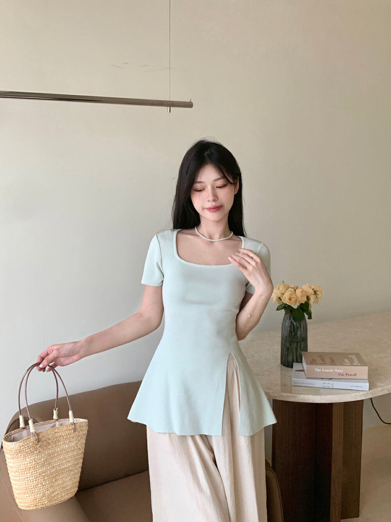 Square Neck Side Slit Solid Knitted Top