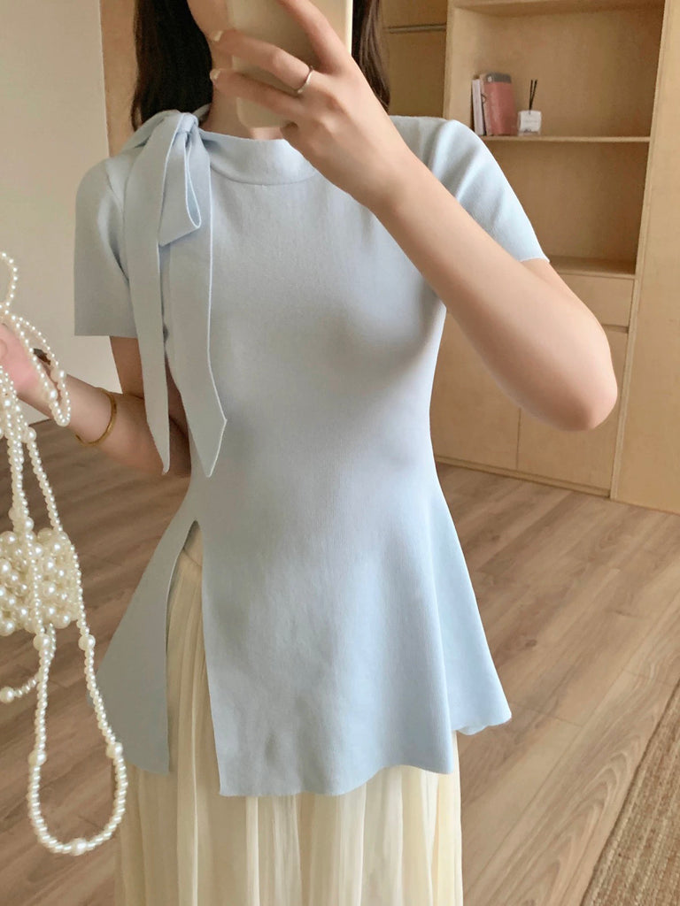 Short Sleeve Ribbon Bowknot Neck Side Slit Knitted Top