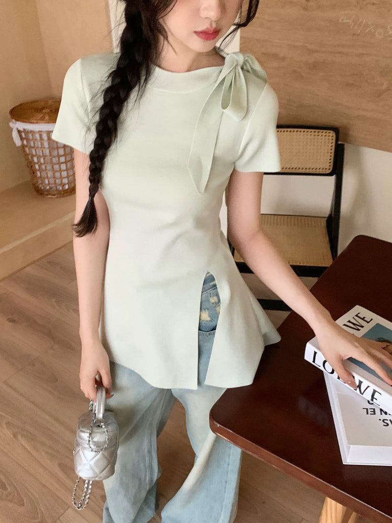 Short Sleeve Ribbon Bowknot Neck Side Slit Knitted Top