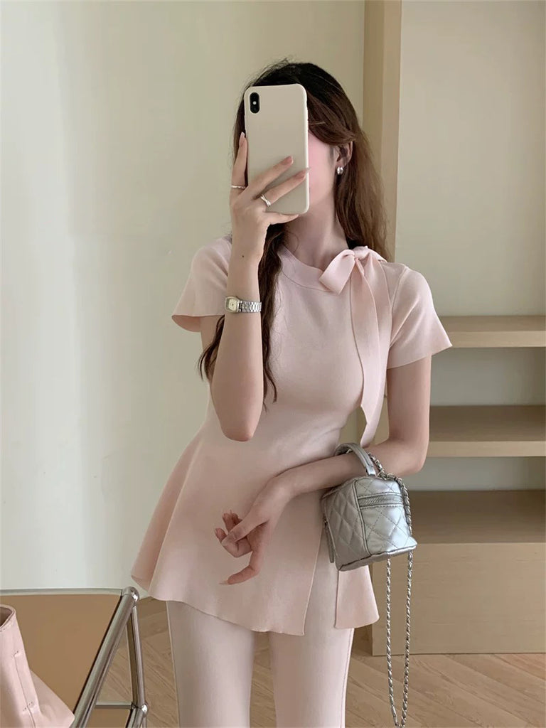 Short Sleeve Ribbon Bowknot Neck Side Slit Knitted Top