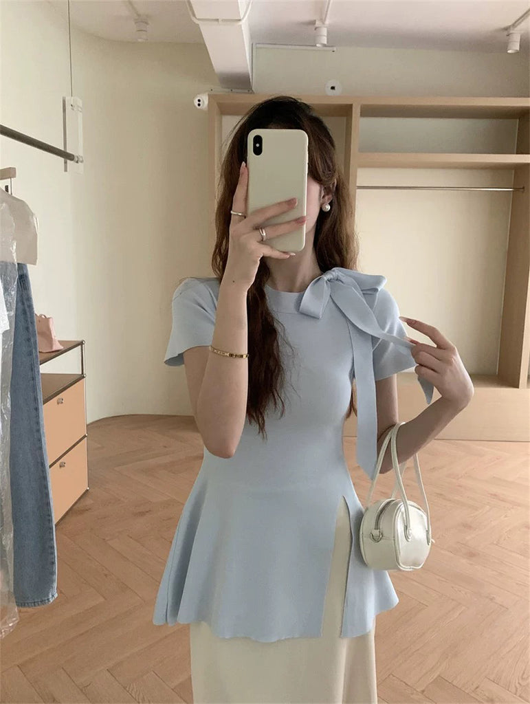 Short Sleeve Ribbon Bowknot Neck Side Slit Knitted Top