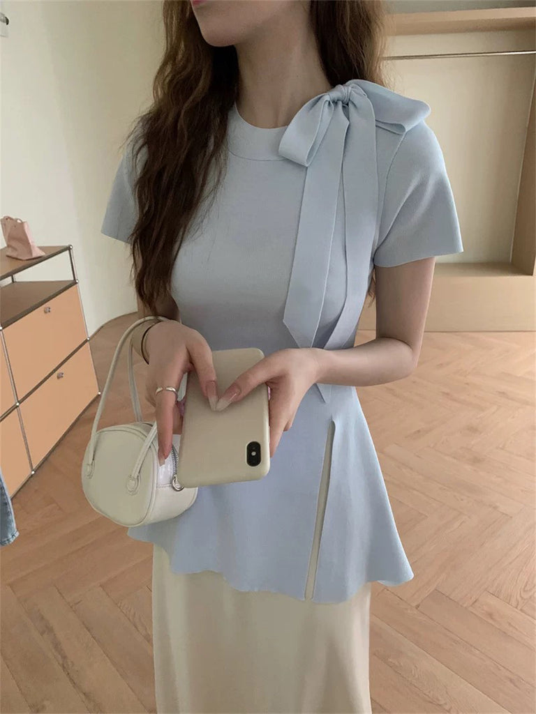 Short Sleeve Ribbon Bowknot Neck Side Slit Knitted Top