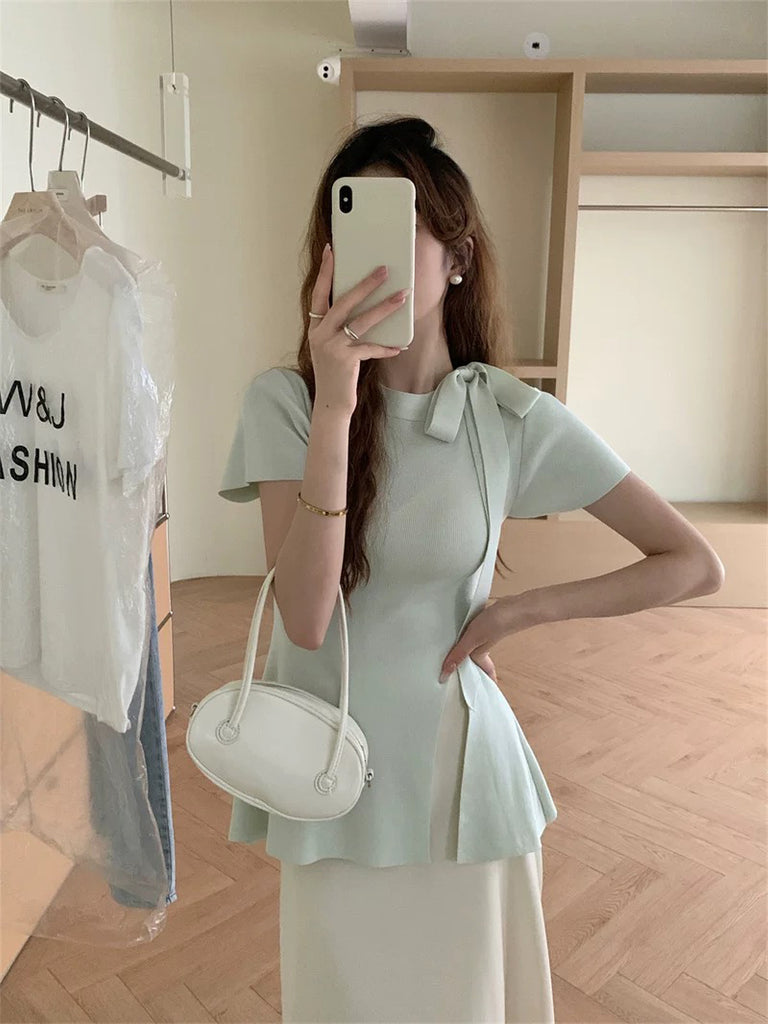 Short Sleeve Ribbon Bowknot Neck Side Slit Knitted Top