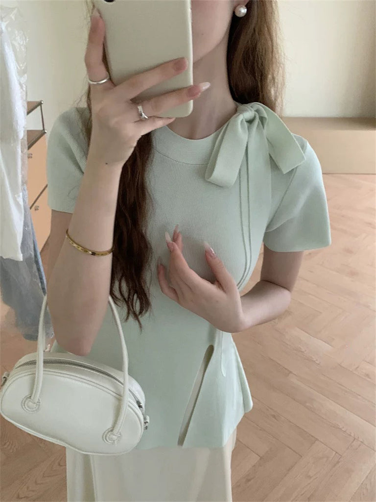 Short Sleeve Ribbon Bowknot Neck Side Slit Knitted Top