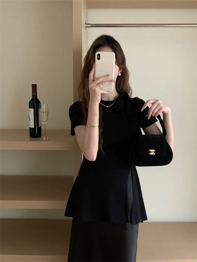 Short Sleeve Ribbon Bowknot Neck Side Slit Knitted Top