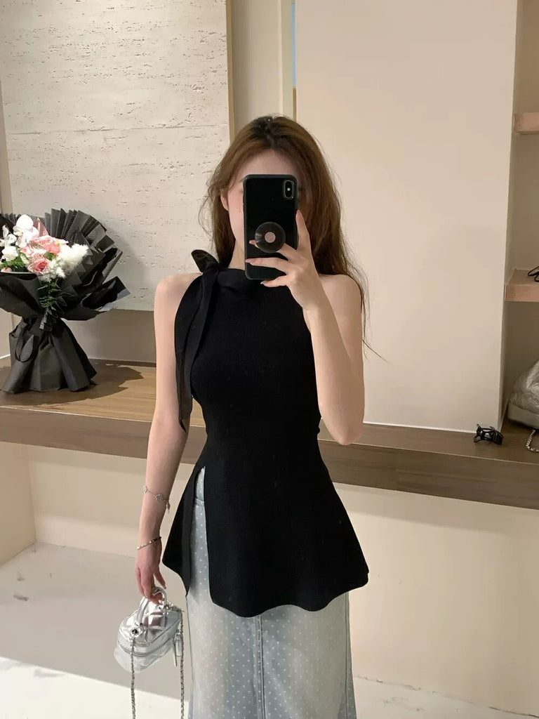 Sleeveless Ribbon Bowknot Neck Side Slit Knitted Top