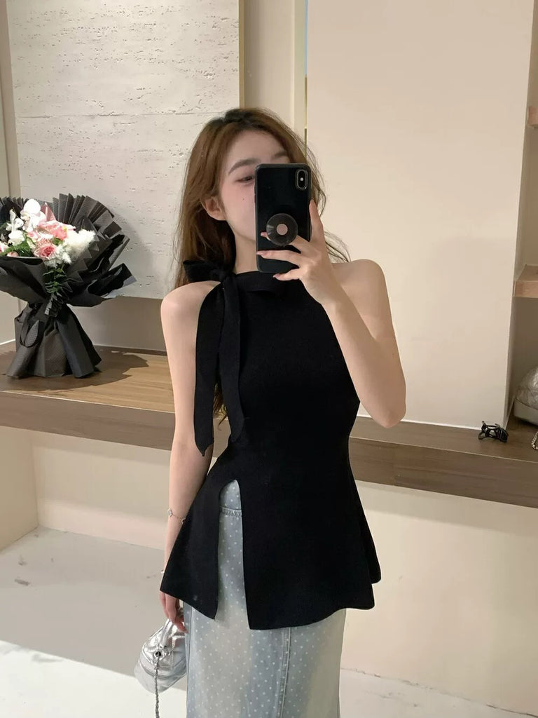 Sleeveless Ribbon Bowknot Neck Side Slit Knitted Top