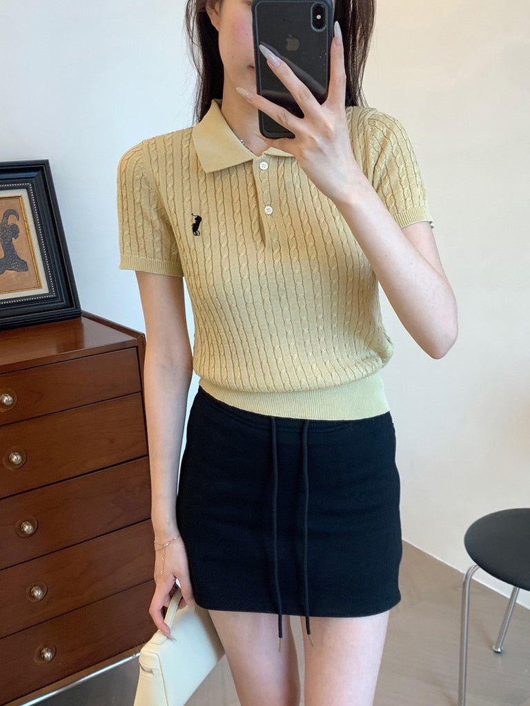 Embroidery Button Down Collar Neck Braided Pattern Knitted Top