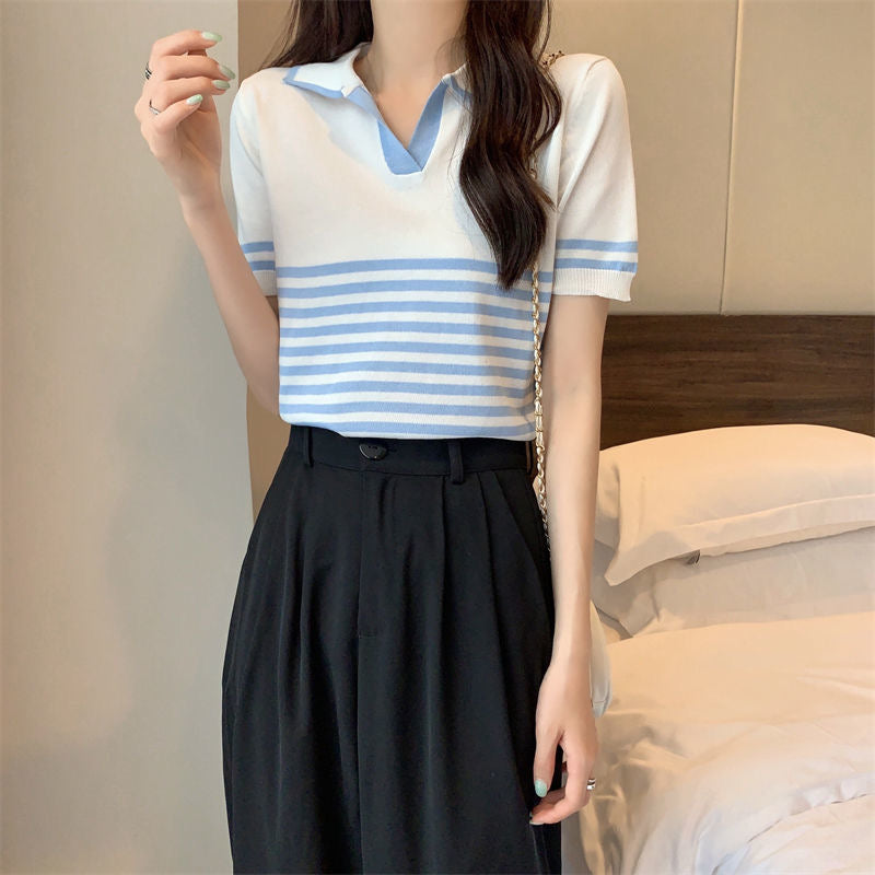 Stripe Collar Neck Simple Daily Knitted Top