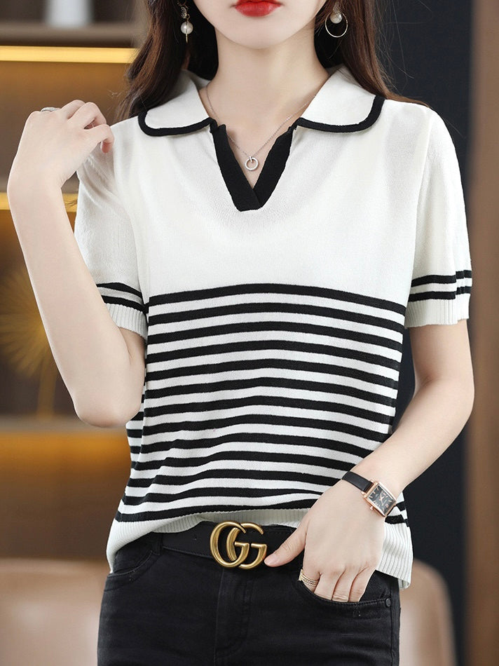 Stripe Collar Neck Simple Daily Knitted Top
