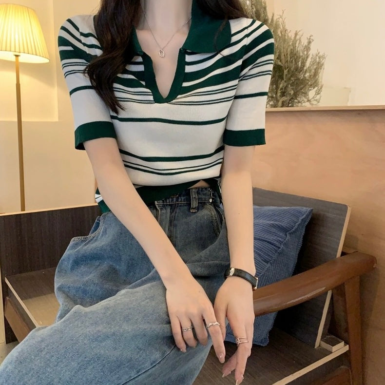 Collar Neck All Match Stripe Knitted Top