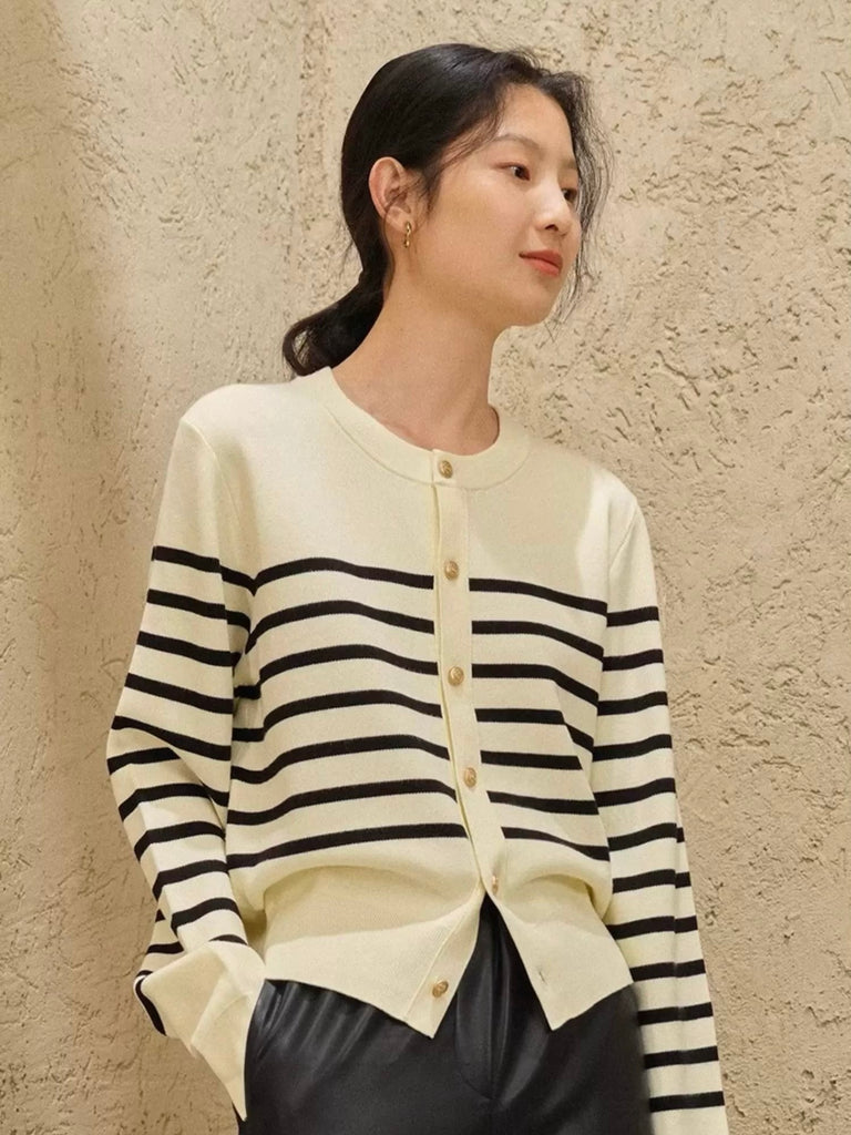 Button Down Stripe Long Sleeve Soft Knitted Cardigan Top