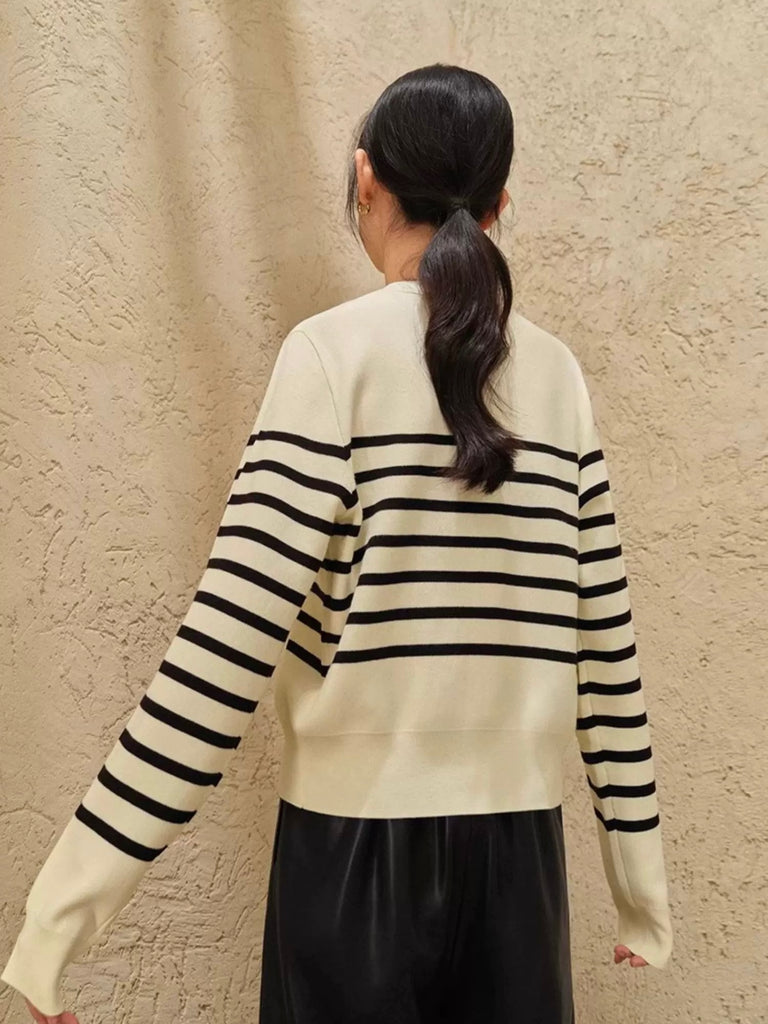 Button Down Stripe Long Sleeve Soft Knitted Cardigan Top