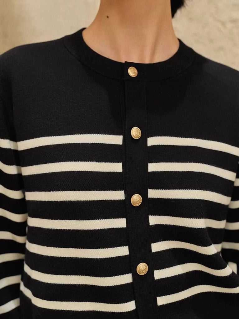 Button Down Stripe Long Sleeve Soft Knitted Cardigan Top