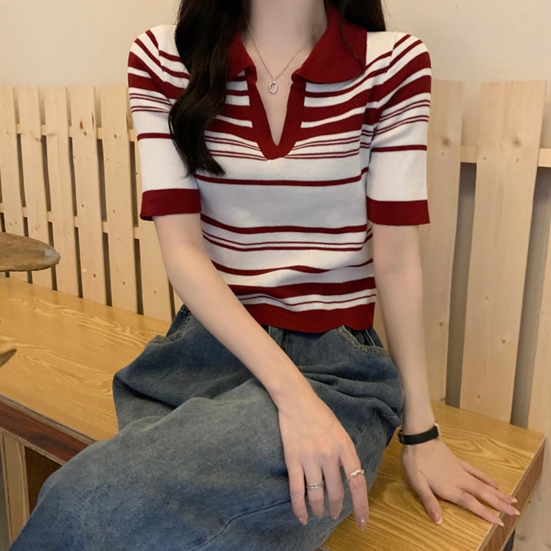 Collar Neck All Match Stripe Knitted Top