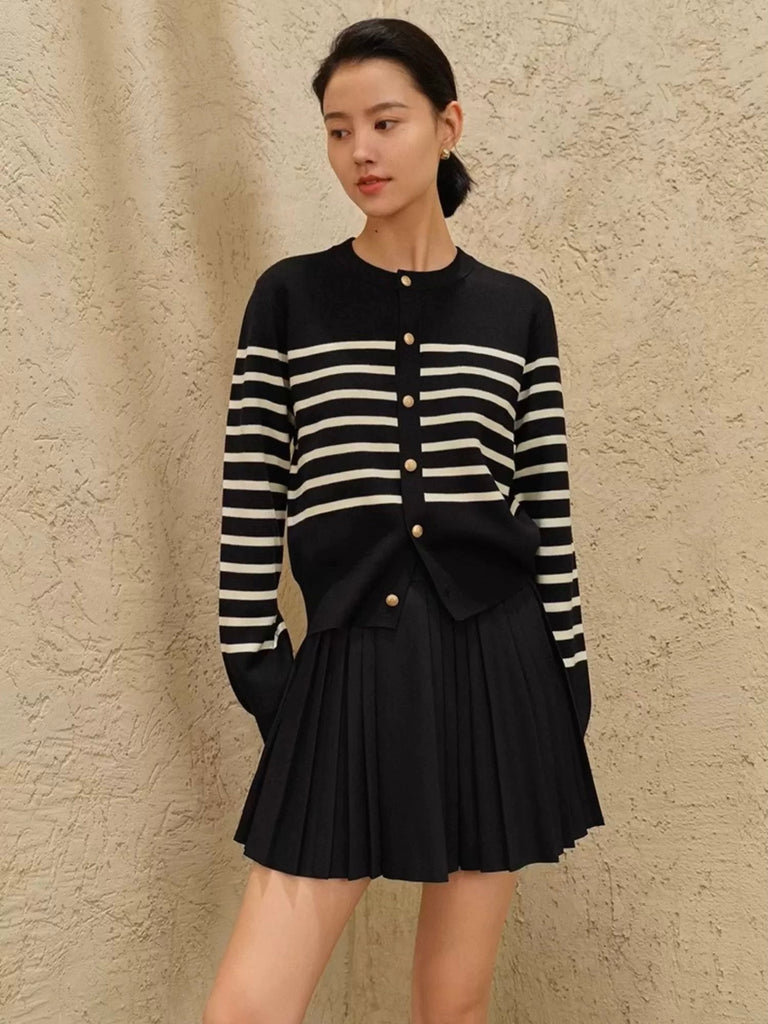 Button Down Stripe Long Sleeve Soft Knitted Cardigan Top