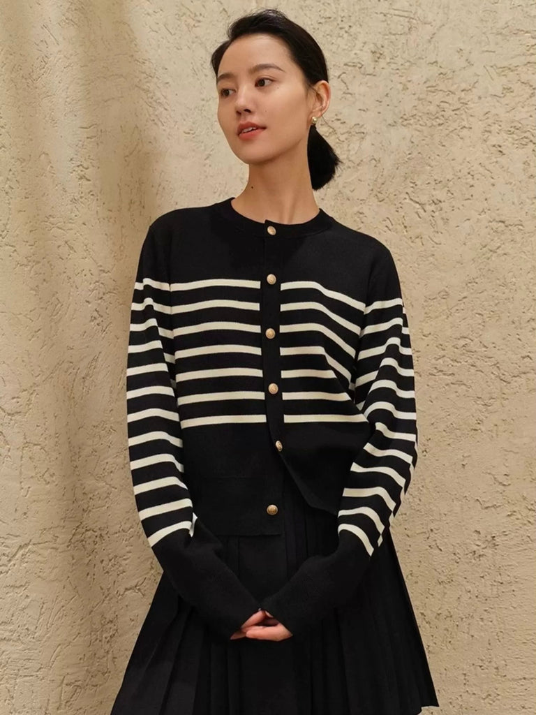 Button Down Stripe Long Sleeve Soft Knitted Cardigan Top