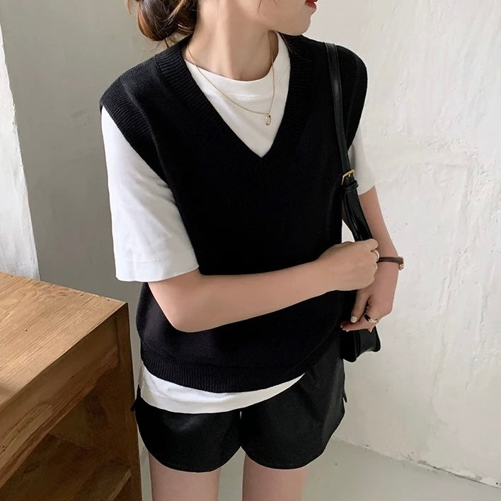 College Style V-neck Soft Knitted Vest Top