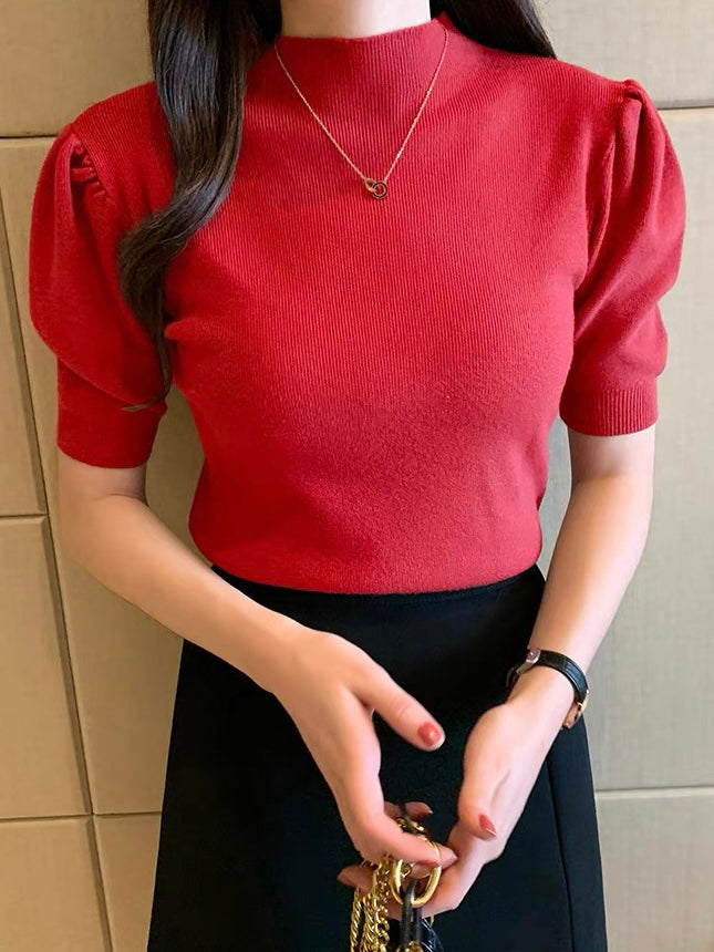Turtle Neck Puff Sleeve Knitted Top