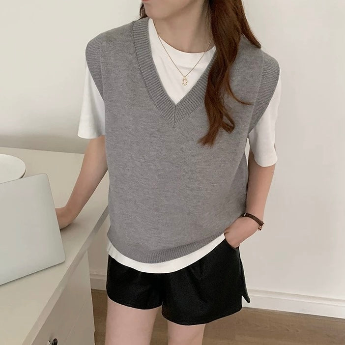 College Style V-neck Soft Knitted Vest Top