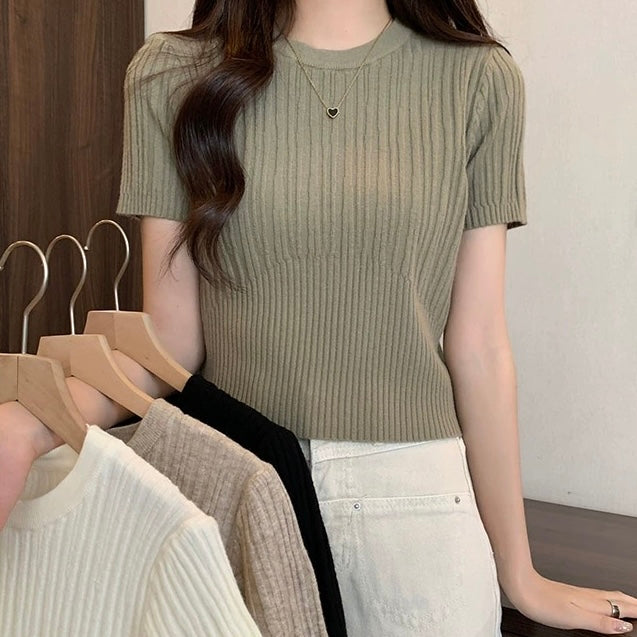Daily Outfit Solid Contrasted Ribbed Knitted Top