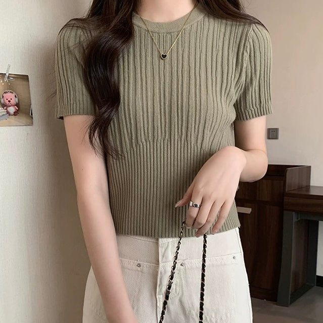 Daily Outfit Solid Contrasted Ribbed Knitted Top
