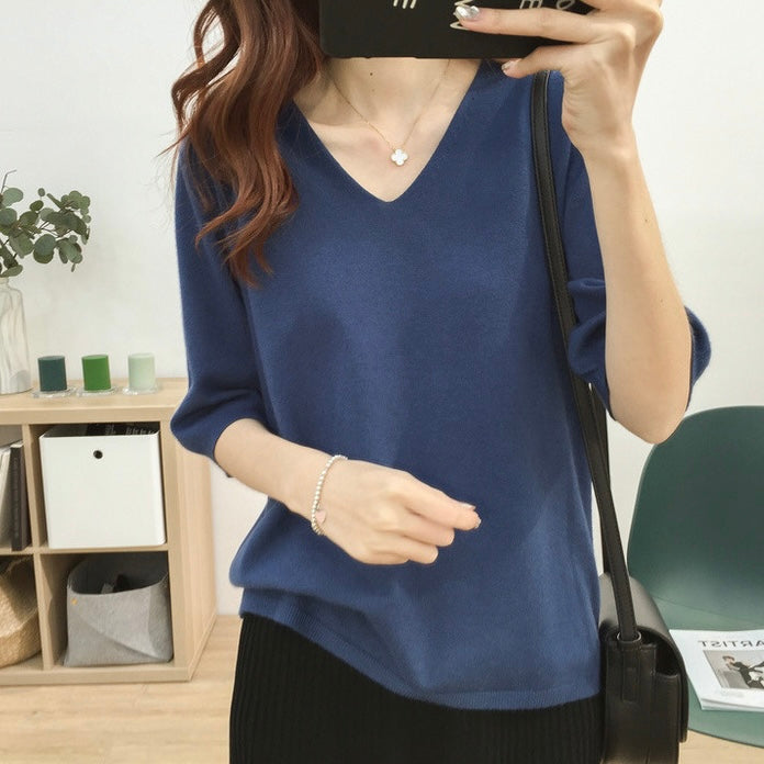 V-neck Mid Sleeve Loose Soft Knitted Top