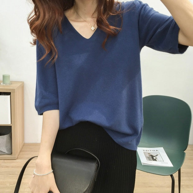 V-neck Mid Sleeve Loose Soft Knitted Top