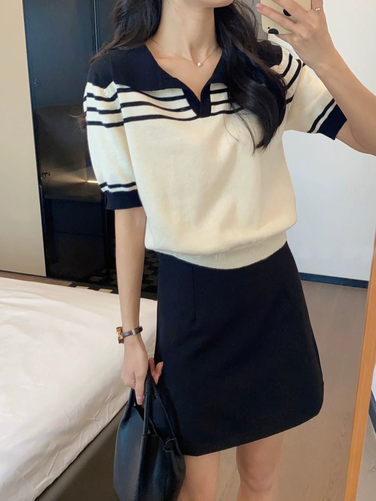 All Match College Style Collar Neck Stripe Knitted Top