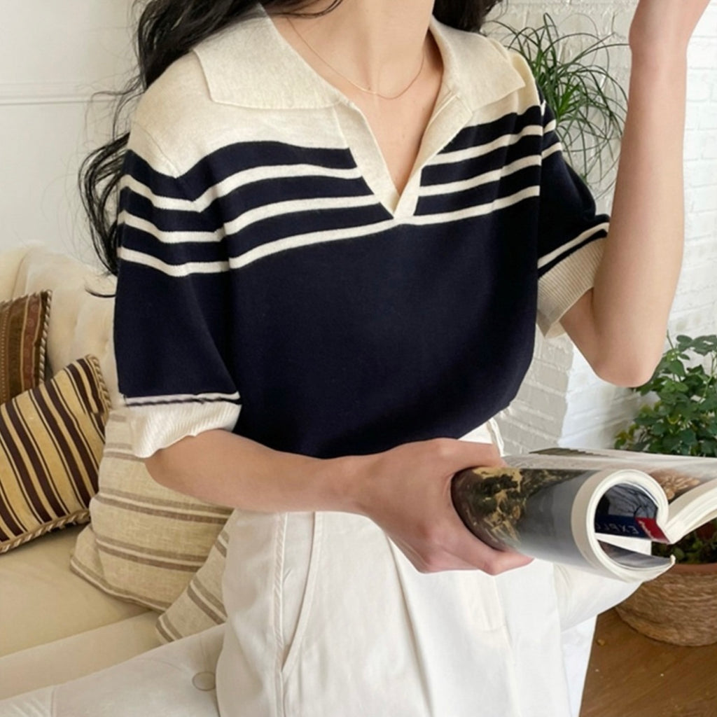 All Match College Style Collar Neck Stripe Knitted Top