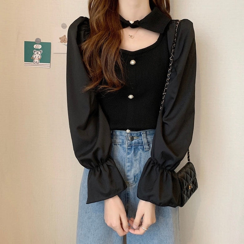 Elastic Cuff Long Sleeve Collar Neck Pearl Knitted Top