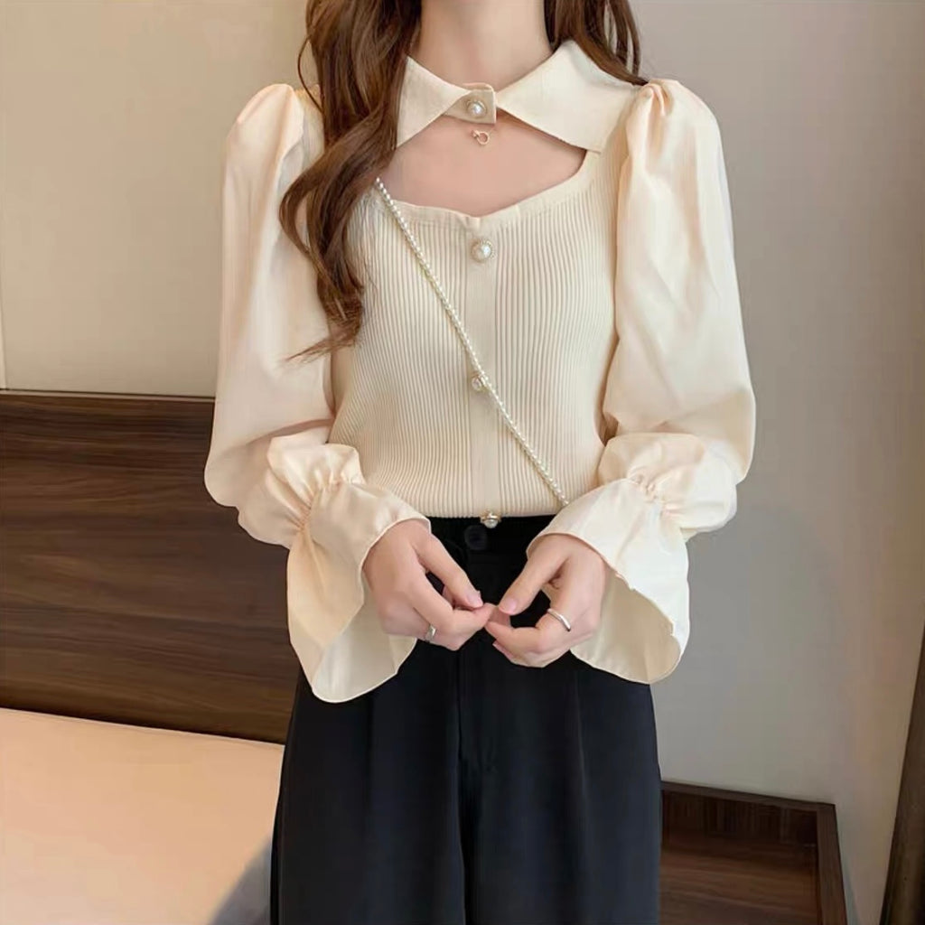 Elastic Cuff Long Sleeve Collar Neck Pearl Knitted Top