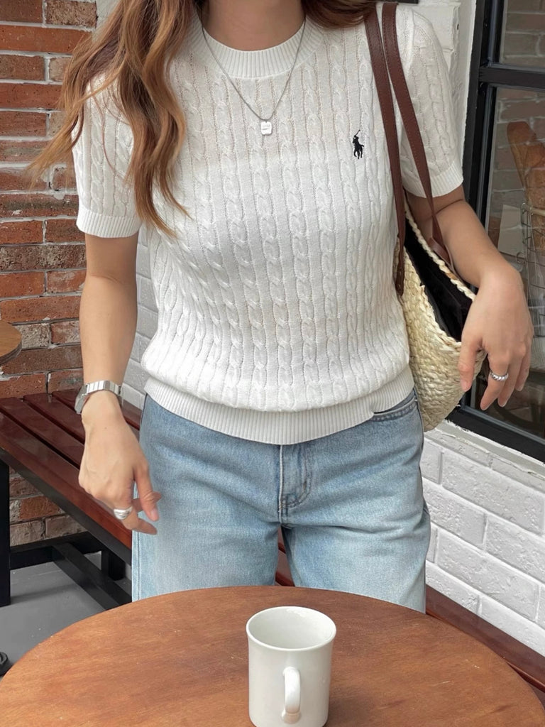Embroidery Logo Braided Pattern Knitted Top