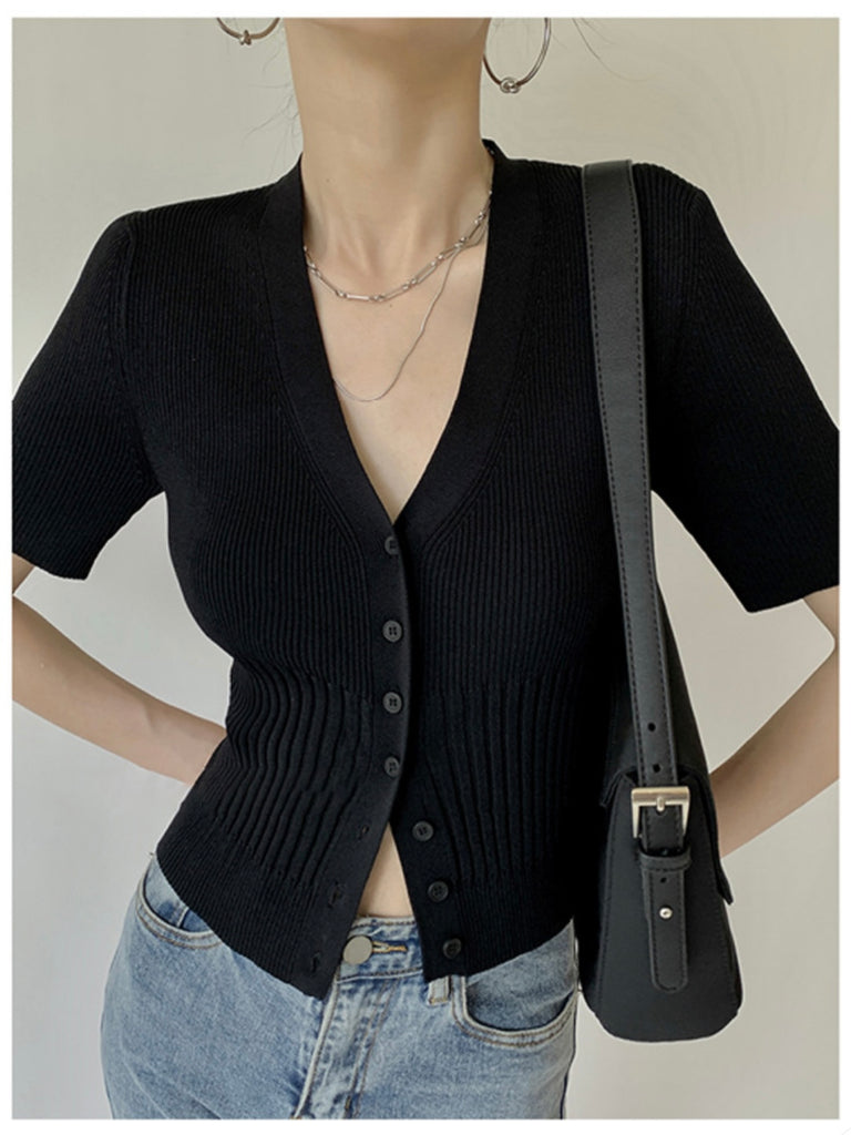 Button-up V-neck Knitted Cardigan Top