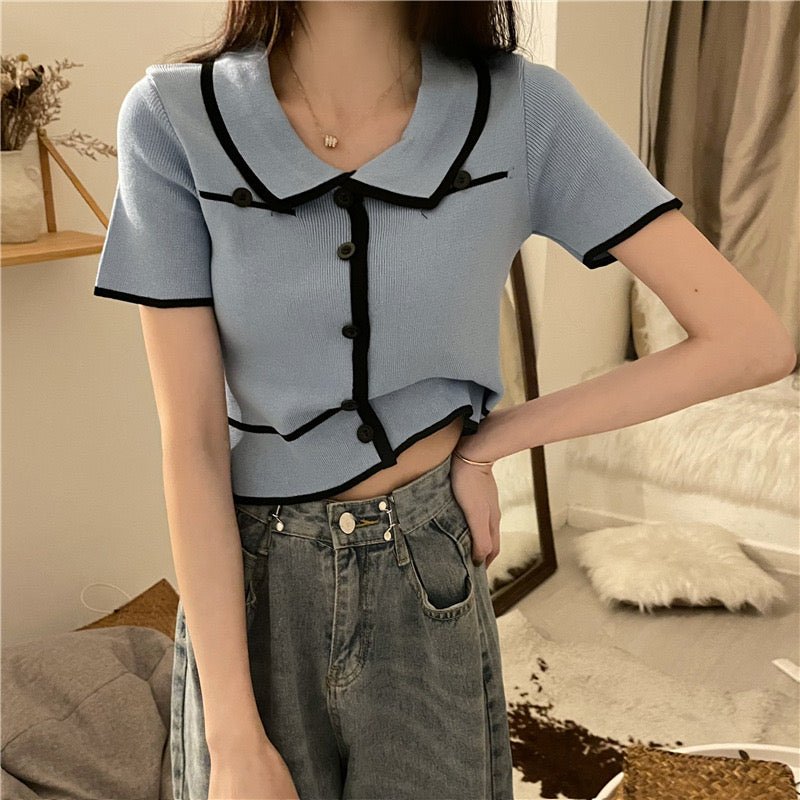 Button Design Collar Neck Side Split Knitted Top