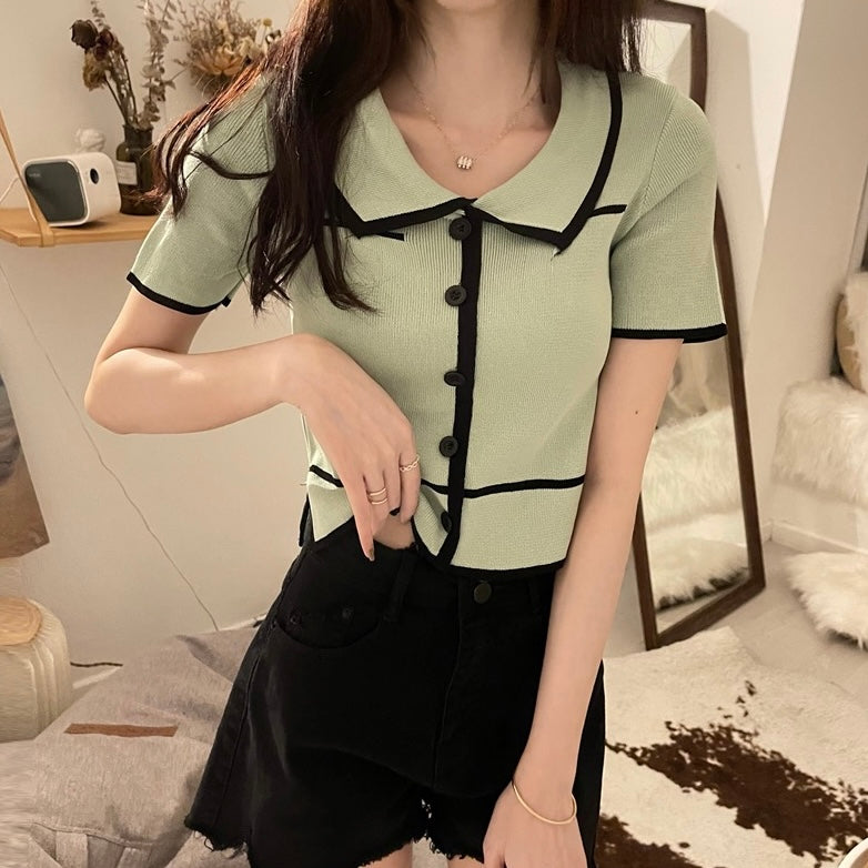 Button Design Collar Neck Side Split Knitted Top