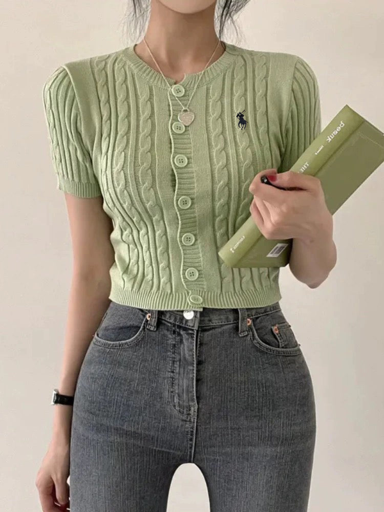Embroidery Logo Button Down Braided Pattern Soft Knitted Top