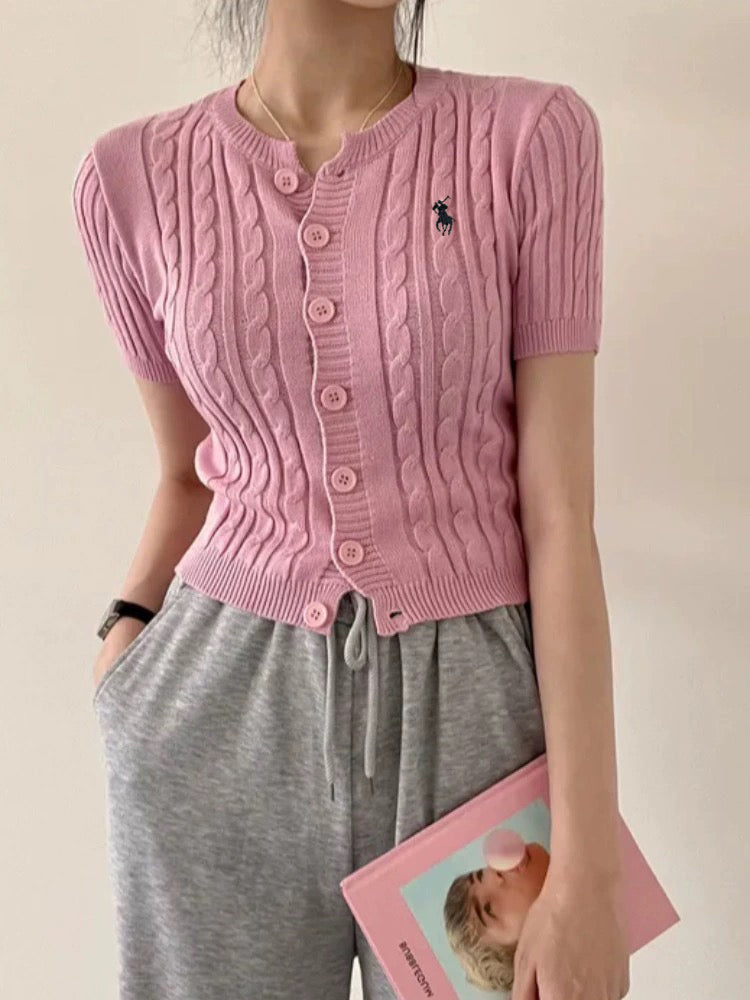 Embroidery Logo Button Down Braided Pattern Soft Knitted Top