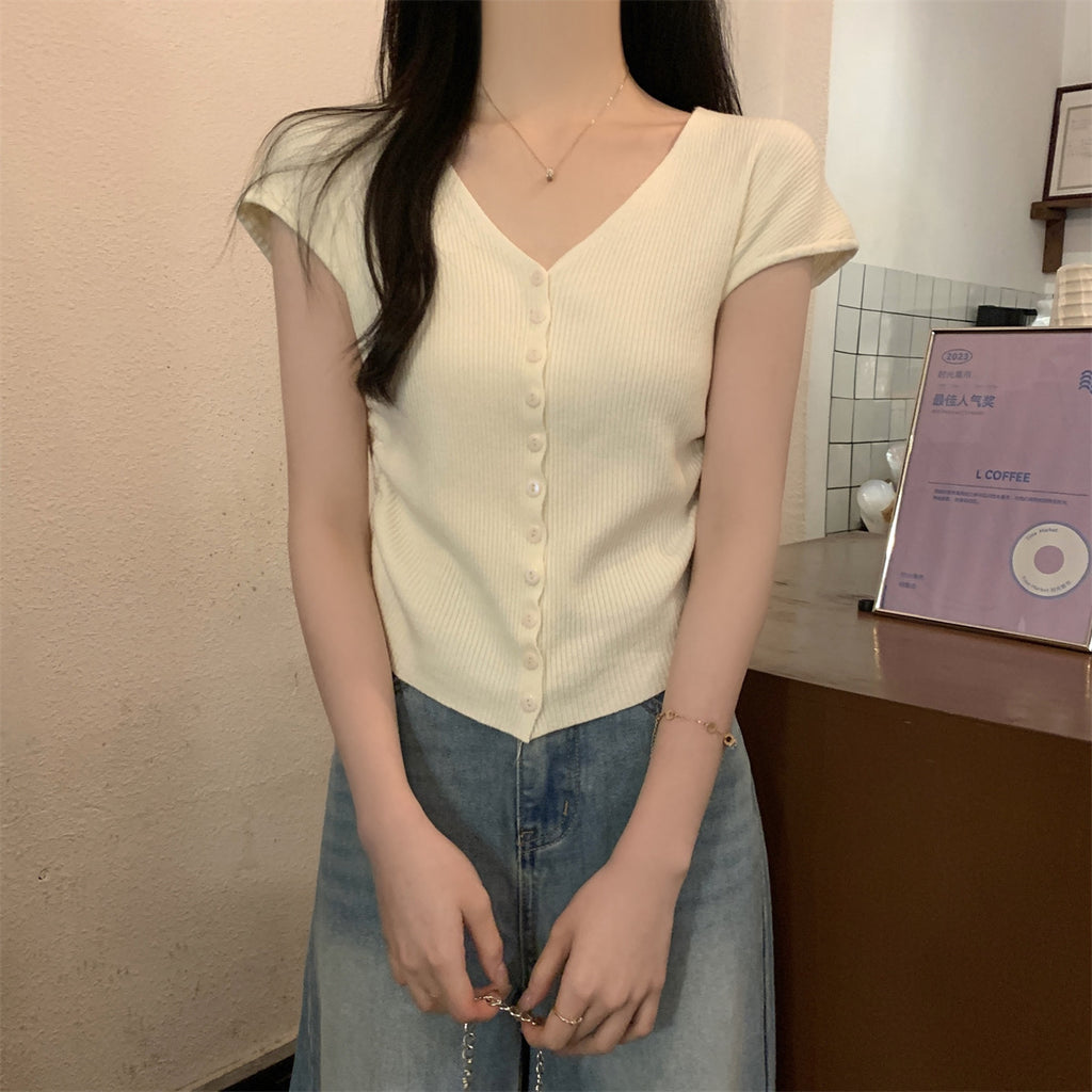 Button Down Elastic Ruched Side Knitted Top