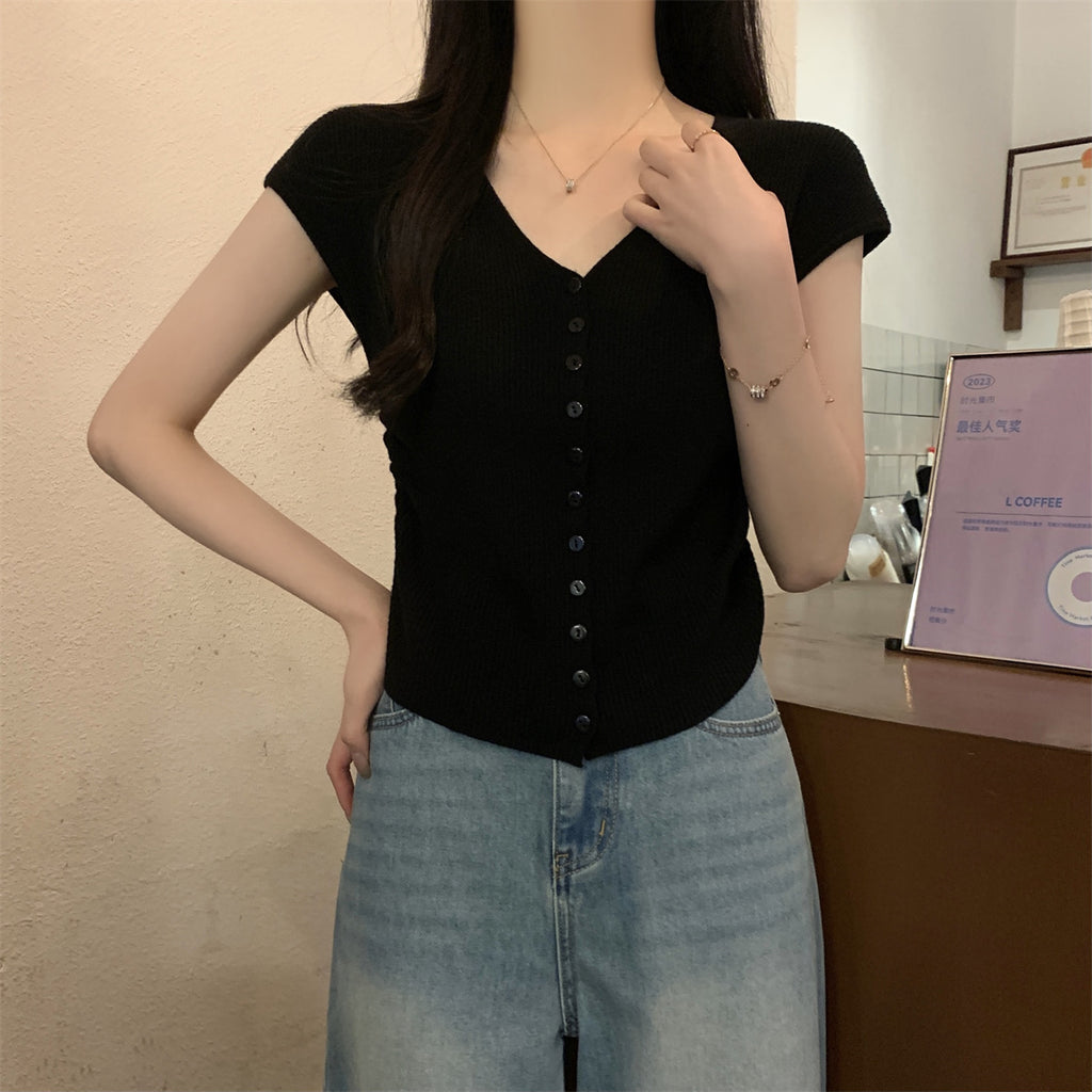 Button Down Elastic Ruched Side Knitted Top