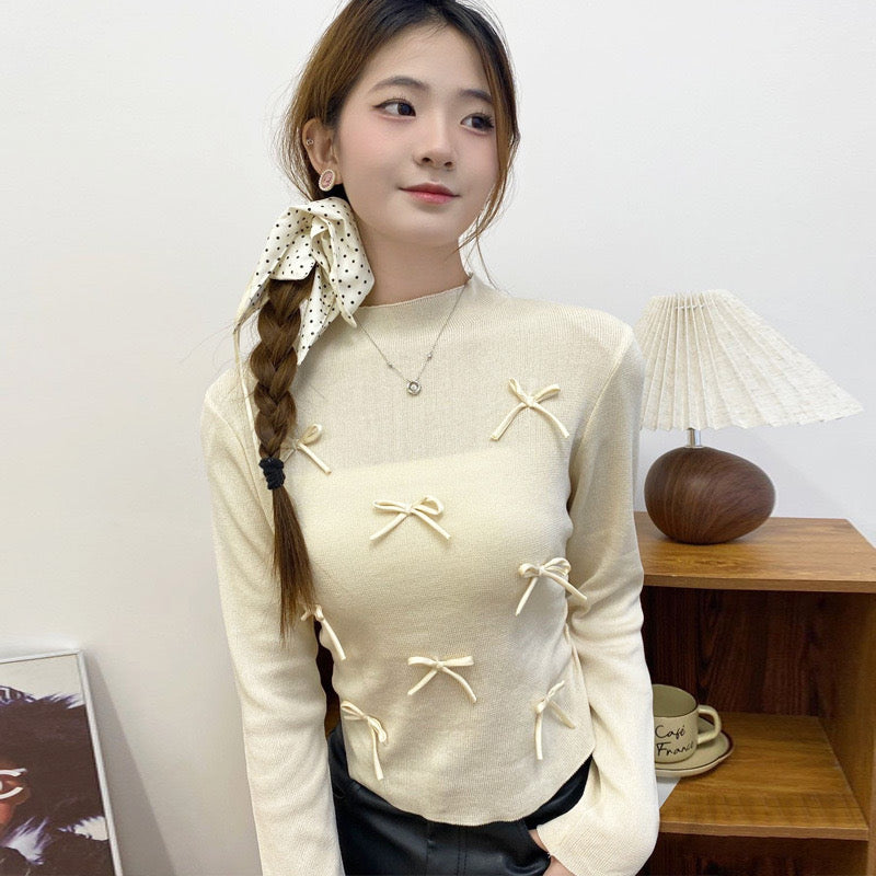 Mid Turtle Neck Ribbon Detail Long Sleeve Elastic Ruched Side Knitted Top