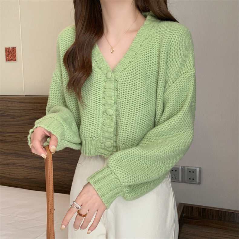 Button Down Long Sleeve V-neck Knitted Cardigan Top