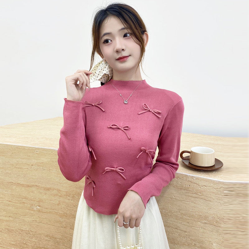 Mid Turtle Neck Ribbon Detail Long Sleeve Elastic Ruched Side Knitted Top