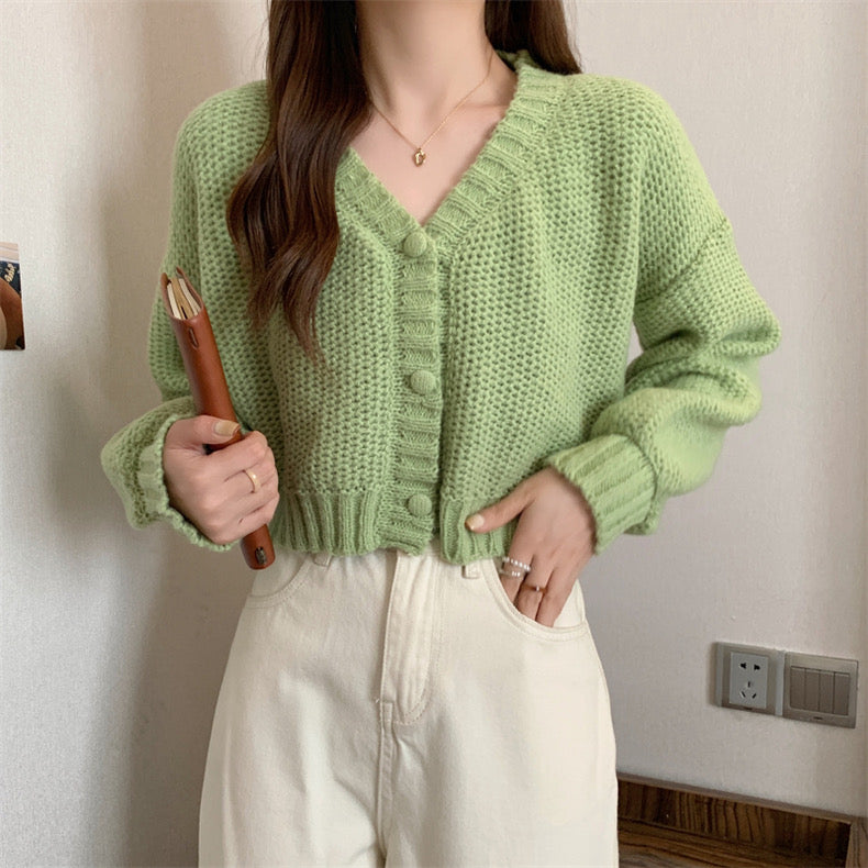 Button Down Long Sleeve V-neck Knitted Cardigan Top